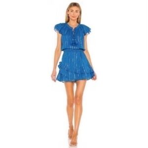 ✅ Karina Grimaldi Dress Dailey Metallic Gold Blue Ruffle
